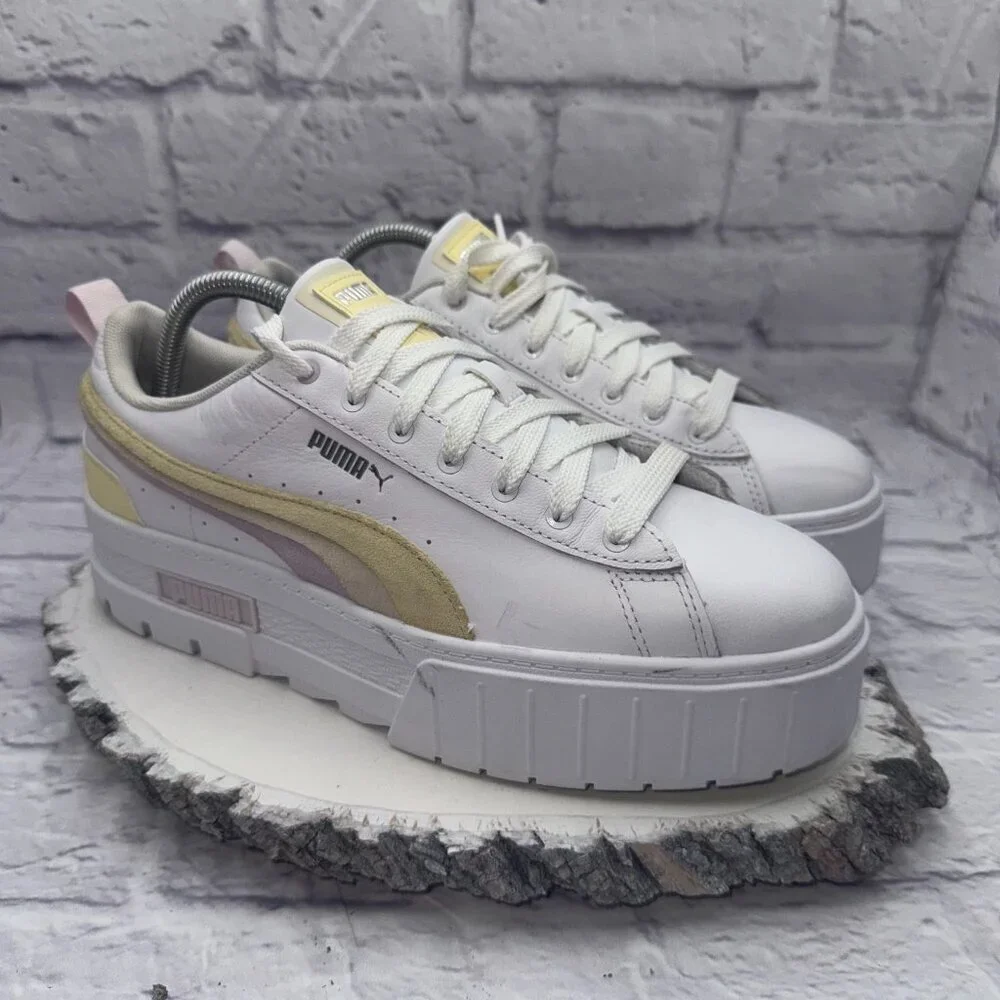 Puma Women's Size 11 Mayze Platform White Yellow Pink Sneakers Casual Shoes - Picture 2 of 12
